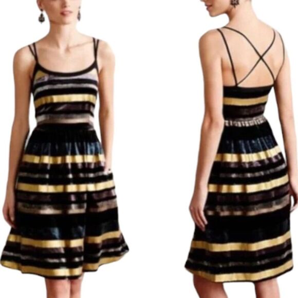 Anthropologie Wolven Ada Stripe Velvet Party Cocktail Fit Flare Dress Size 0 - Picture 1 of 10